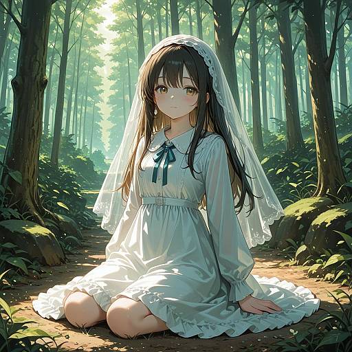 Girl in White Dress Sitting in Forest