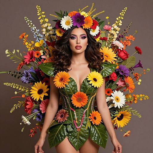 Photograph of a woman with long, wavy brown hair, wearing a vibrant flower crown and leafy, flower-adorned dress, against a