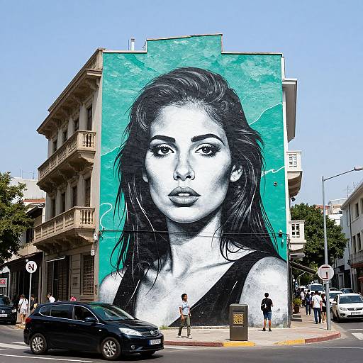 Photograph of a street with a large, detailed black-and-white mural of a woman with dark hair on a turquoise background, flanked by buildings and