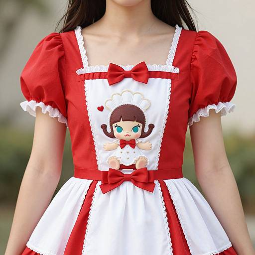 Photograph of an Asian woman in a red and white Lolita-style dress with puffed sleeves, featuring a cute, brown-haired doll on the chest