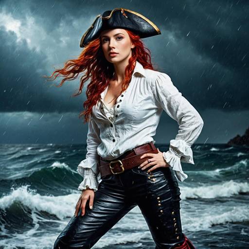 Red-Haired Female Pirate in Stormy Sea