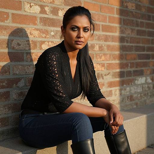 Photograph of a dark-skinned woman with long black hair, wearing a black lace blouse, blue jeans, and black boots, sitting against a sun