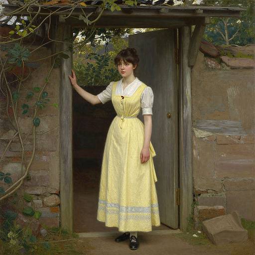 Photograph of a young woman in a yellow dress with white sleeves, standing in a rustic wooden doorway, vines overhead, stone wall background, hand on