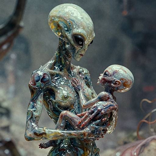 Photorealistic CGI of a shiny, alien-like creature cradling a smaller, similarly textured, humanoid child, both with large heads and dark,