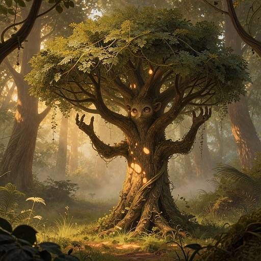 Photorealistic digital artwork of a magical tree with two small, monkey-like faces nestled in its branches, surrounded by a sunlit, misty forest