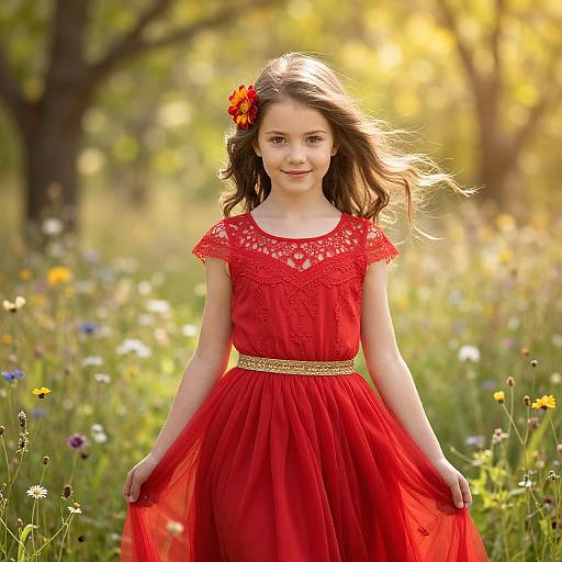 Serene Girl in Red Dress Meadow
