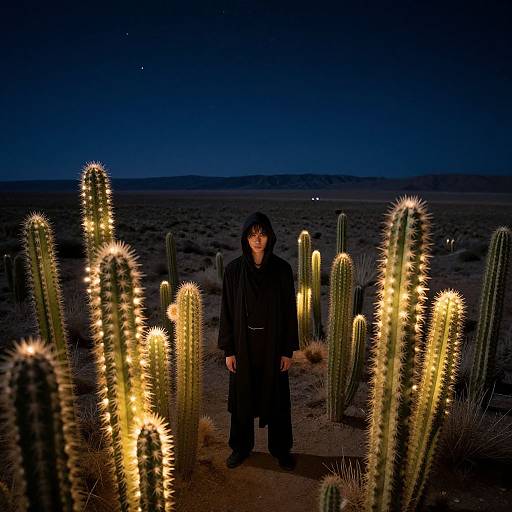 Photograph of a lone man in black standing amidst glowing, illuminated cacti under a starry night sky in a desert landscape.