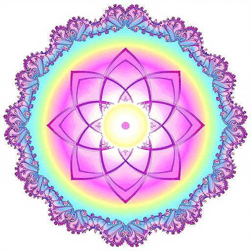 Digital mandala artwork with vibrant pink, purple, blue, and yellow gradients, featuring intricate floral patterns and symmetrical design.