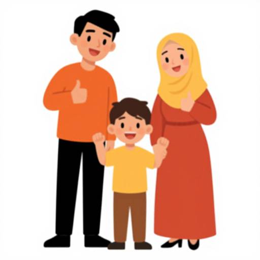Cartoon-style illustration of a smiling family: father in orange shirt, black pants; mother in red dress, yellow hijab; son in yellow shirt