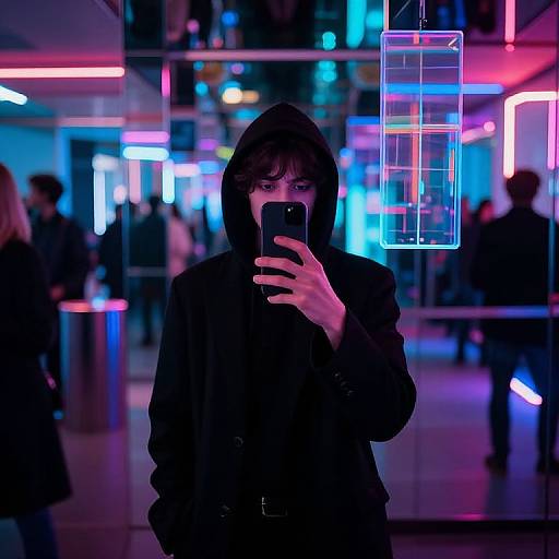 Photograph of a young person with dark hair and hood, wearing a black coat, taking a mirror selfie in a neon-lit urban space with colorful