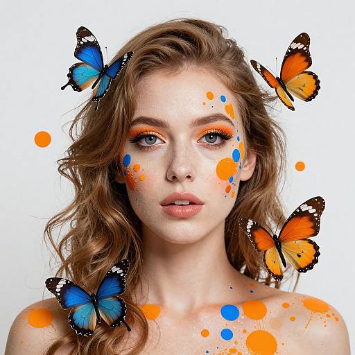 Photograph of a fair-skinned woman with wavy brown hair, blue and orange butterfly makeup, surrounded by floating blue and orange butterflies, with orange