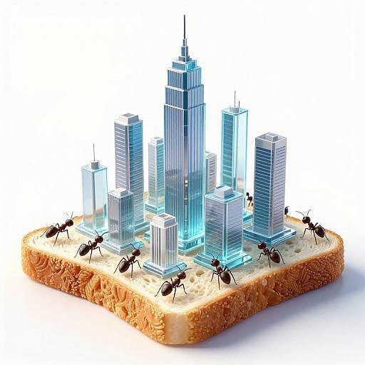 Digital illustration of blue, glass skyscrapers on a slice of bread, surrounded by black ants, with a white background.