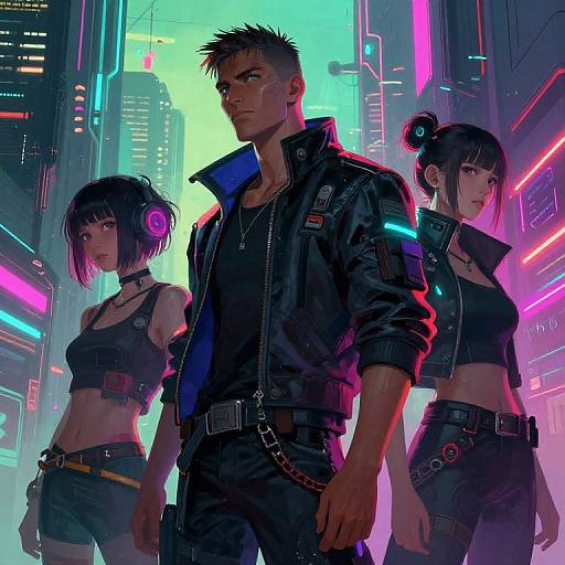 Cyberpunk digital art: three edgy, neon-lit characters with spiked hair and futuristic black leather outfits stand confidently in a vibrant, neon-l