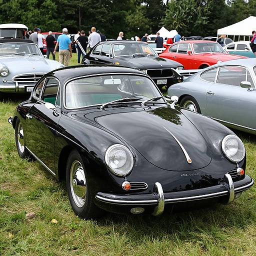 Photograph of a shiny black classic Porsche 911, parked on grass at a car show, surrounded by other vintage cars, white tents, and people