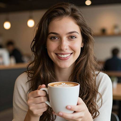 Smiling Woman with Latte Art Mug