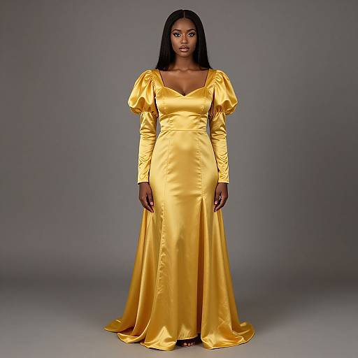 Photograph of a Black woman with long straight black hair, wearing a vibrant, gold satin, off-shoulder gown with puffed sleeves, standing