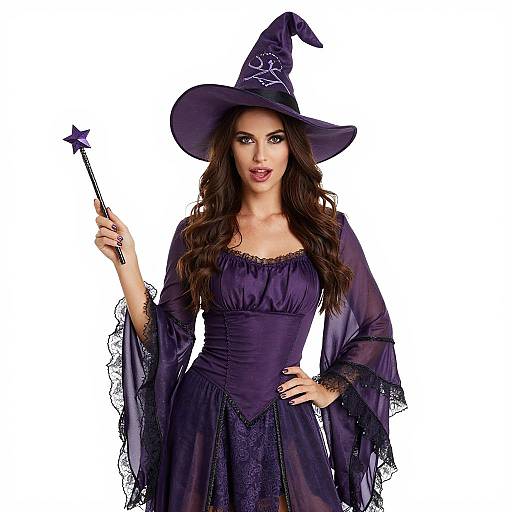 Photograph of a woman in a purple witch costume with a wide-brimmed hat, holding a star-topped wand, against a white background.