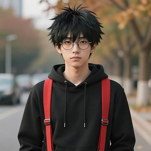 Young man with black spiky hair and glasses outdoors