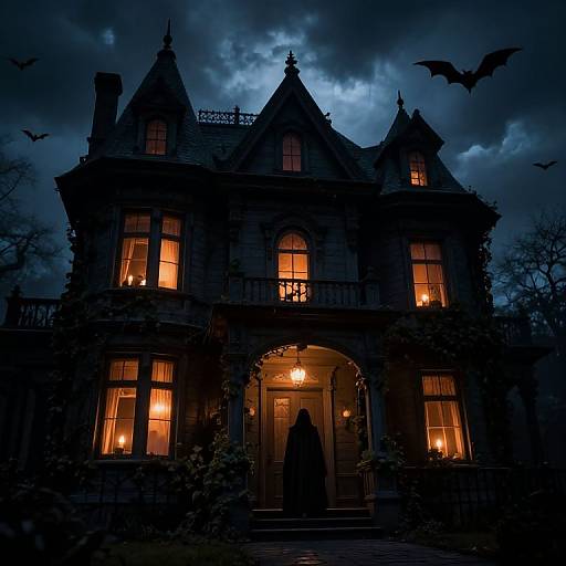 Photograph of a spooky, gothic-style mansion at night, illuminated by orange windows, with a silhouetted figure at the door, and