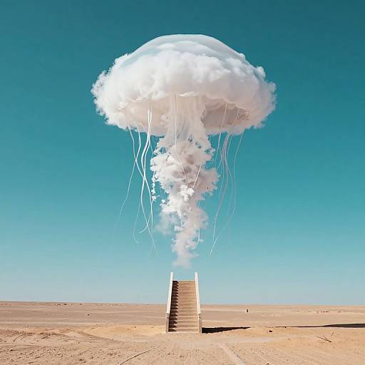 Photograph of a white jellyfish-shaped cloud with long, thin tendrils descending from a tall, rectangular structure in a vast, sandy desert under a