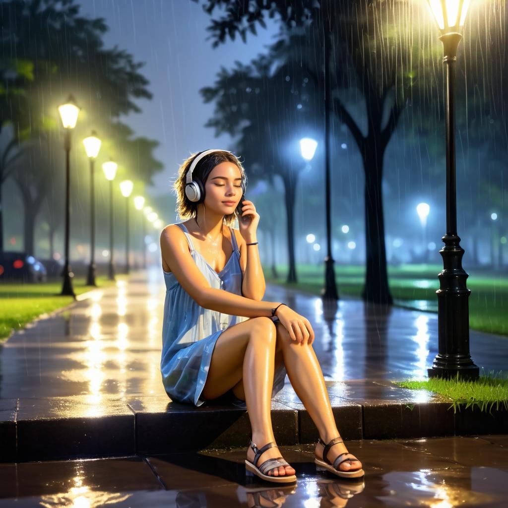 Rainy Night Park Scene with Girl