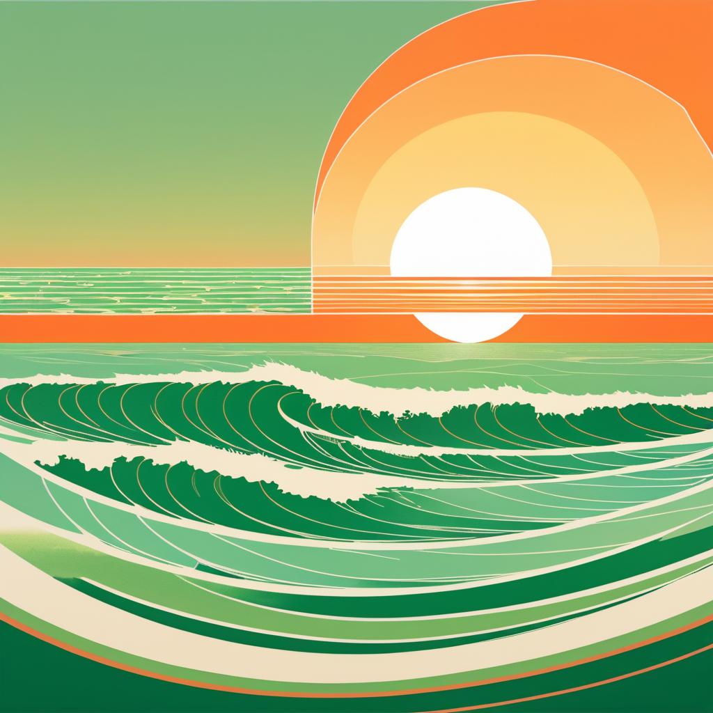 Surfer Silhouettes in Retro Seascape