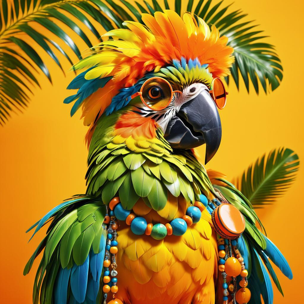 Cheerful Parrot with Tambourine and Sunglasses