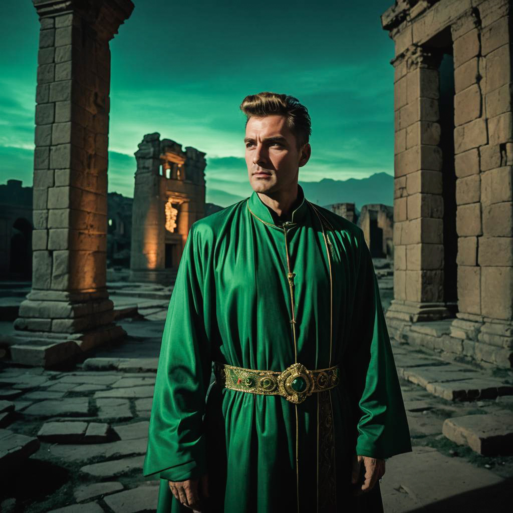 Tall Priest in Emerald Robe at Twilight