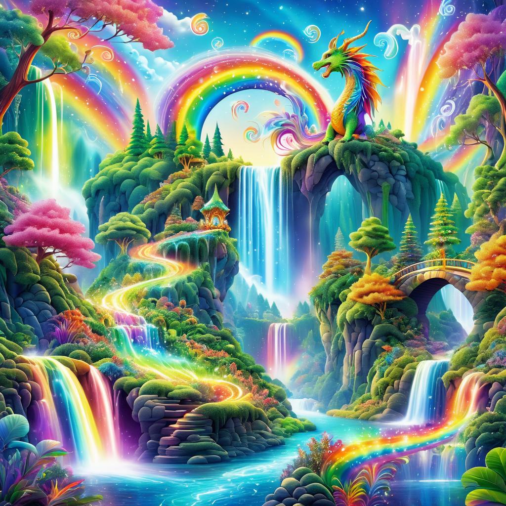 Whimsical Dragon Over Rainbow Waterfall