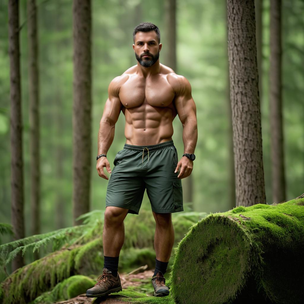 Rugged Physique Man in Forest Setting