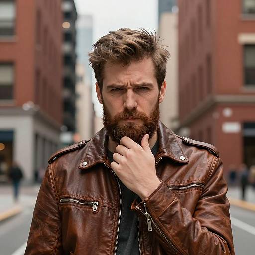 Urban Bearded Man in Leather Jacket