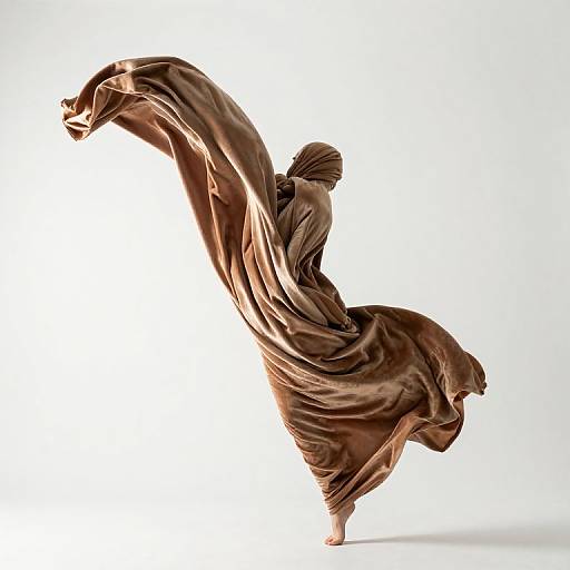 Photograph of a dynamic, abstract sculpture resembling a dancing figure, crafted from flowing, bronze-colored fabric, against a stark white background.