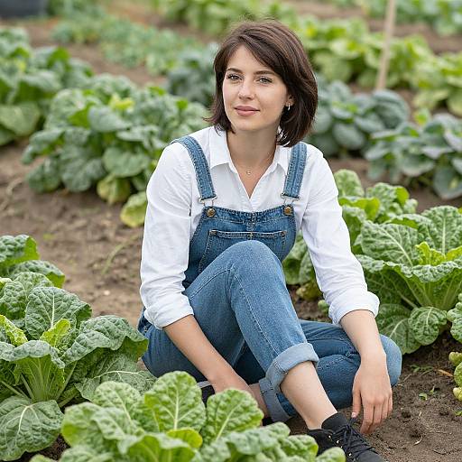 Photograph of a young woman with short dark brown hair, wearing a white shirt and blue denim overalls, sitting among lush green kale plants in a