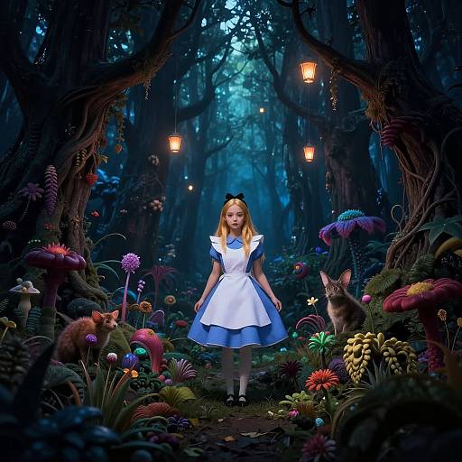 Digital artwork: Fairy tale forest scene with a blonde girl in blue and white dress, surrounded by colorful mushrooms, rabbits, and hanging lanterns under a