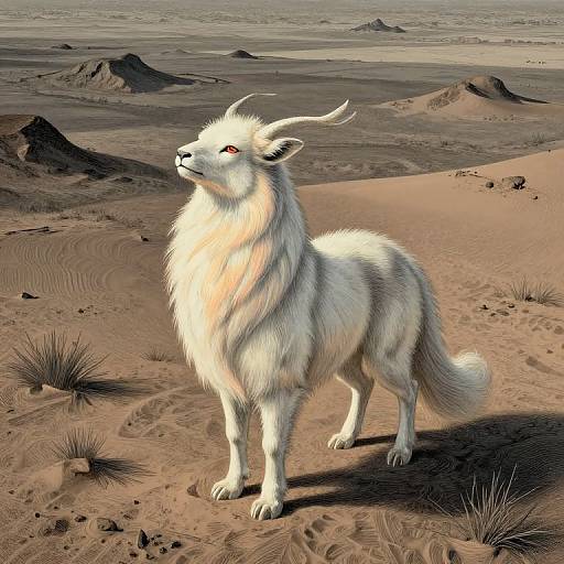 Digital artwork of a majestic white, furry, horned mythical creature with red eyes standing in a desert with sand dunes and sparse vegetation.