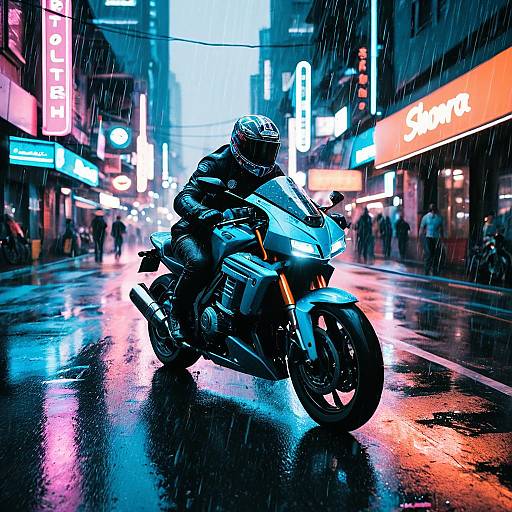 Futuristic Motorcycle Riding in Neon Rainy City