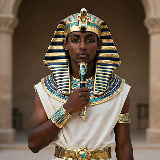 Photograph of a dark-skinned man in ancient Egyptian attire, wearing a striped headdress, white tunic, gold and turquoise jewelry, holding a
