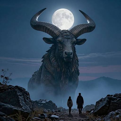 Digital artwork of two silhouetted figures standing before a massive, horned creature under a full moon, with misty mountains in the background.