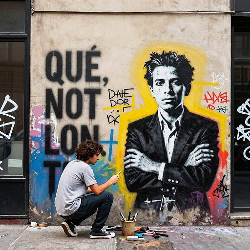 Photograph of a graffiti artist painting a black-and-white portrait of a man with crossed arms, surrounded by colorful graffiti, on a concrete wall. Artist