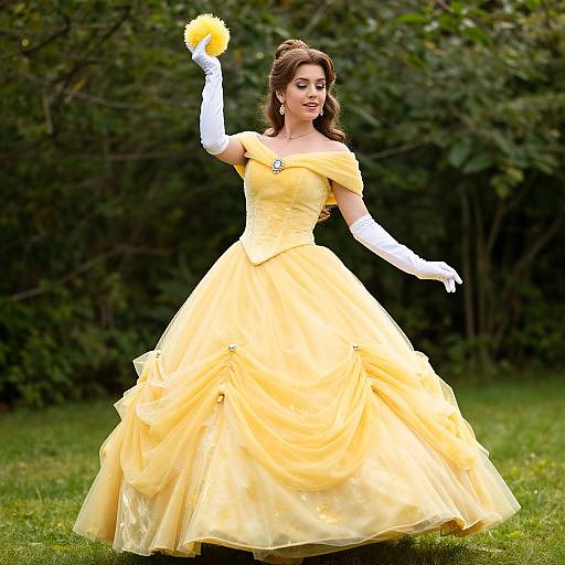 Photograph of a brunette woman in a yellow off-shoulder ball gown with white gloves, holding a yellow flower, dancing in a grassy garden