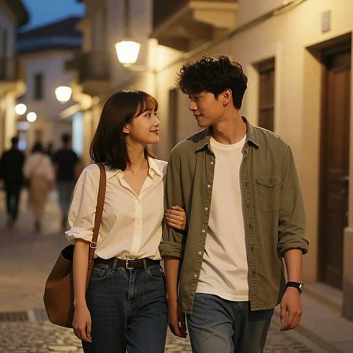 Young Couple Walking on Dimly Lit Street