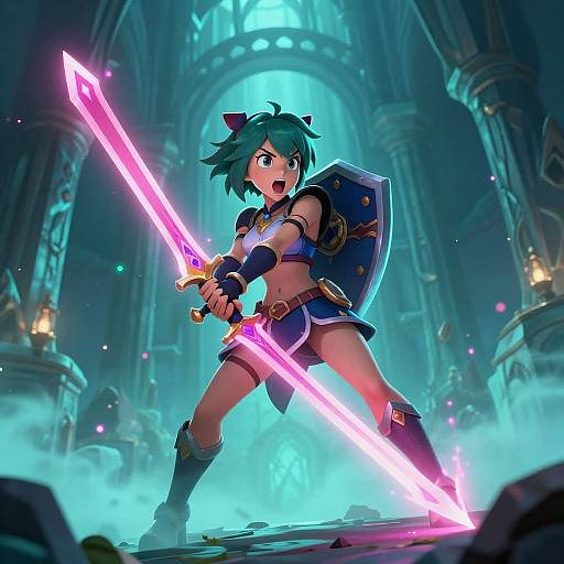 Digital anime-style artwork of a green-haired, blue-eyed female warrior with glowing pink sword, shield, and armor, standing in a misty, blue