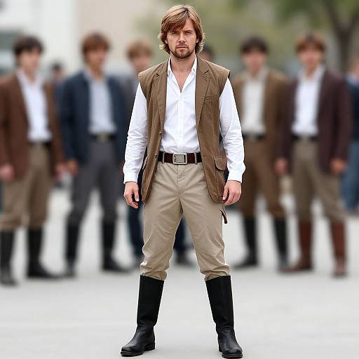 Photograph of a man with brown hair, beard, white shirt, brown vest, beige pants, black boots, standing in front of blurred crowd.
