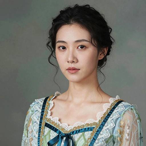 Photograph of an East Asian woman with fair skin, black wavy hair in a loose updo, wearing a lace-trimmed, blue and