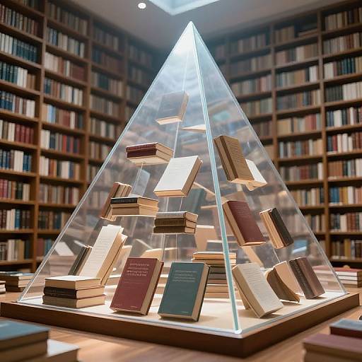 Photograph of a transparent, triangular book display case in a library, containing various illuminated, stacked books against a backdrop of wooden bookshelves.