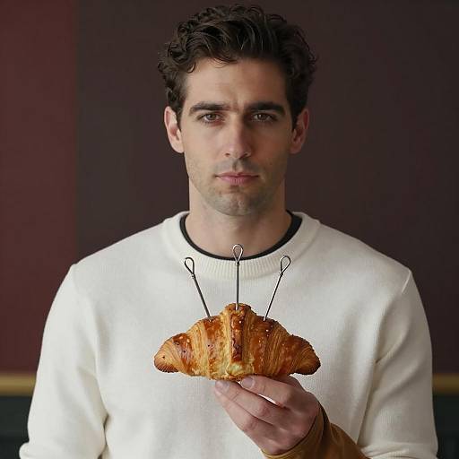 Neutral Man Holding Croissant with Skewers