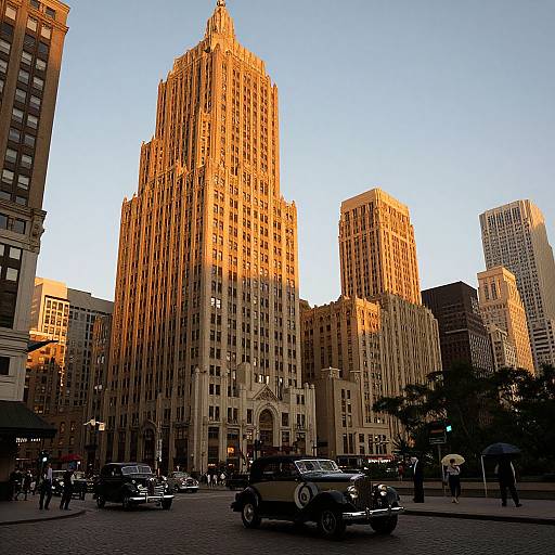 1920s Cityscape with Vintage Cars at Sunset