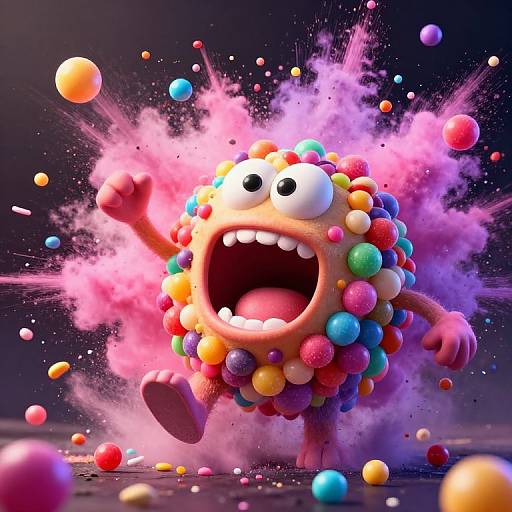 CGI cartoon of a colorful, round, mouth-agape character with big eyes, surrounded by exploding multicolored balls and pink smoke. Dynamic,