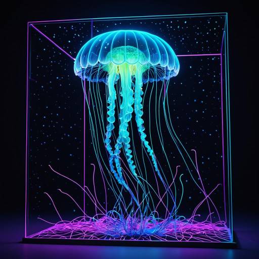 3D Glass Jellyfish with Neon Wireframe