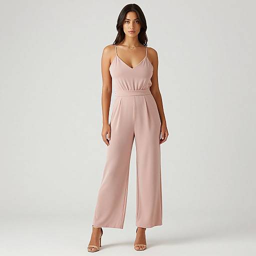 Photograph of a woman with long black hair wearing a light pink, V-neck, high-waisted jumpsuit and beige heels, standing against a